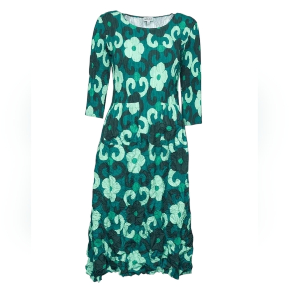 Alquema Green Smash Pocket Dress Midi  Crinkle Long Sleeve Floral Print 0 Small - Picture 1 of 12